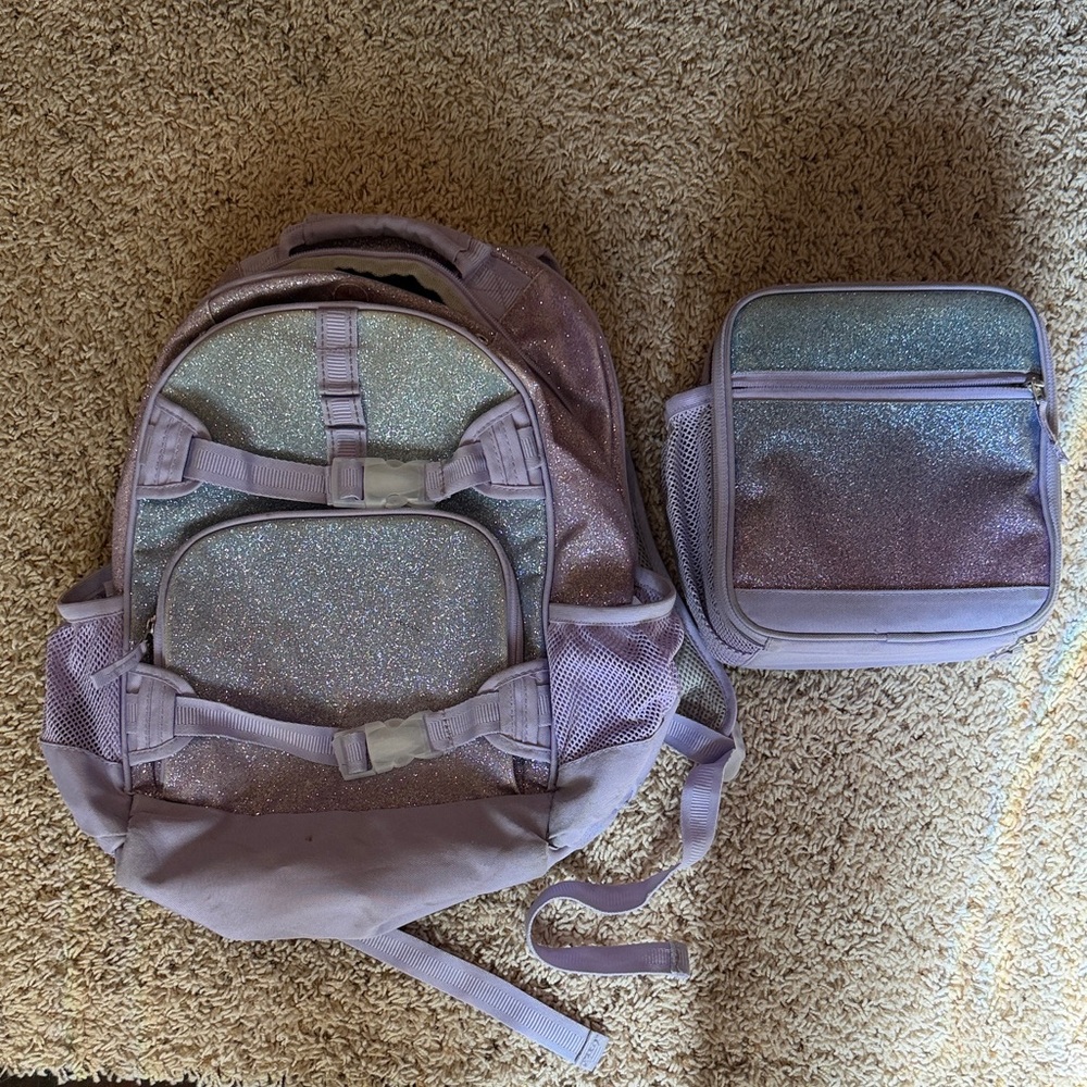 Pottery Barn Lavender Ombre Sparkle Glitter, Lg Mackenzie Backpack and Lunch Box